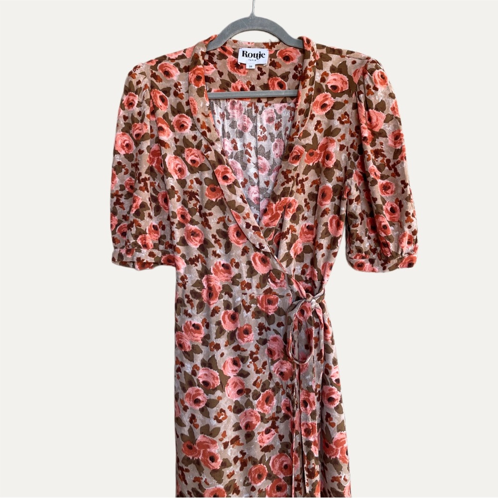 ROUJE Pink Tan Classic Retro Floral Printed Tea Rose Louisa Midi Wrap Dress 4/6 - Picture 10 of 14